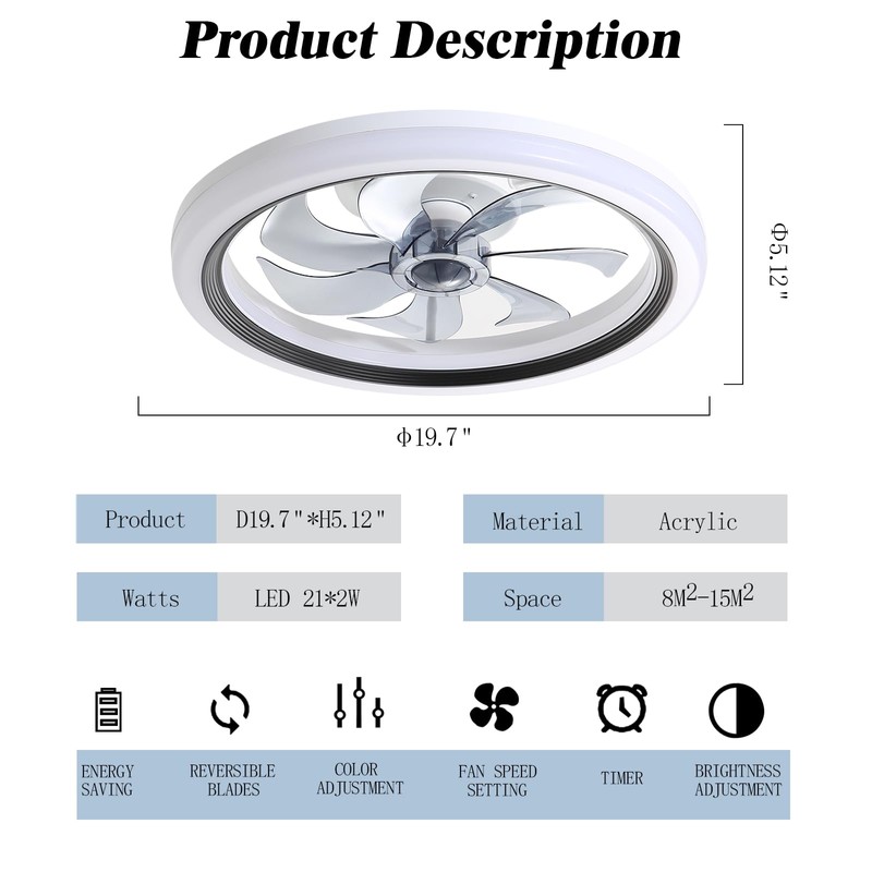 OUREDEEY 20" Ceiling Fan With Lights and Remote, Low Profile,