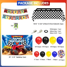 Monster Truck Birthday Party Decorations, Red Yellow Blue Black Balloons Arch Kit, Happy Birthday Banner, Tablecloth, Backdrop, Monster Truck Decorations for Boys