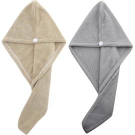2PCS Microfiber Hair Towel - Super Absorbent Hair Turbans for Wet Hair- Anti Frizz Head Towels Wrap - Drying Towels with Button for Long Curly and Thick Hair (Coffee + Grey)