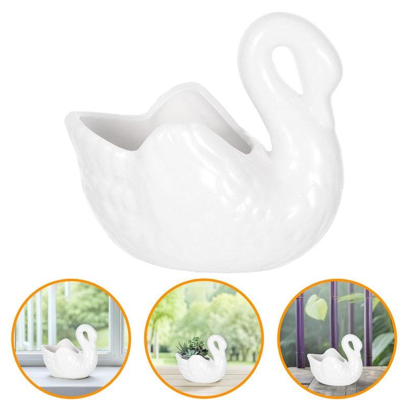 Yardwe Lovely Swan Ceramic Flowerpot with Drain Hole, White Porcelain