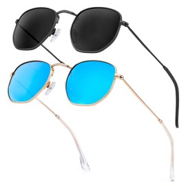 KALIYADI Hexagon Sunglasses For Women Men Polarized, Square Sunglasses For Womens Sun Glasses UV Protection Metal Frame (2 Packs Grey&Blue)