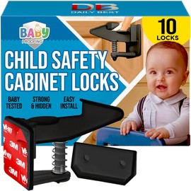 DB DAILY BEST - Cabinet Locks for Babies - Child Safety Latches 10 Pack - Invisible Adhesive Baby Proofing Drawer Locks - Works with Most Cabinets and Drawers - No Drilling Installation - (Black)