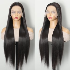 30 Inches Human Hair Wigs Glueless, 13x6 HD Lace Front 200% Density Natural Synthetic Straight Hair Pre Plucked With Baby Hair, Ready to Wear Wig for Black Women (Dark Brown)