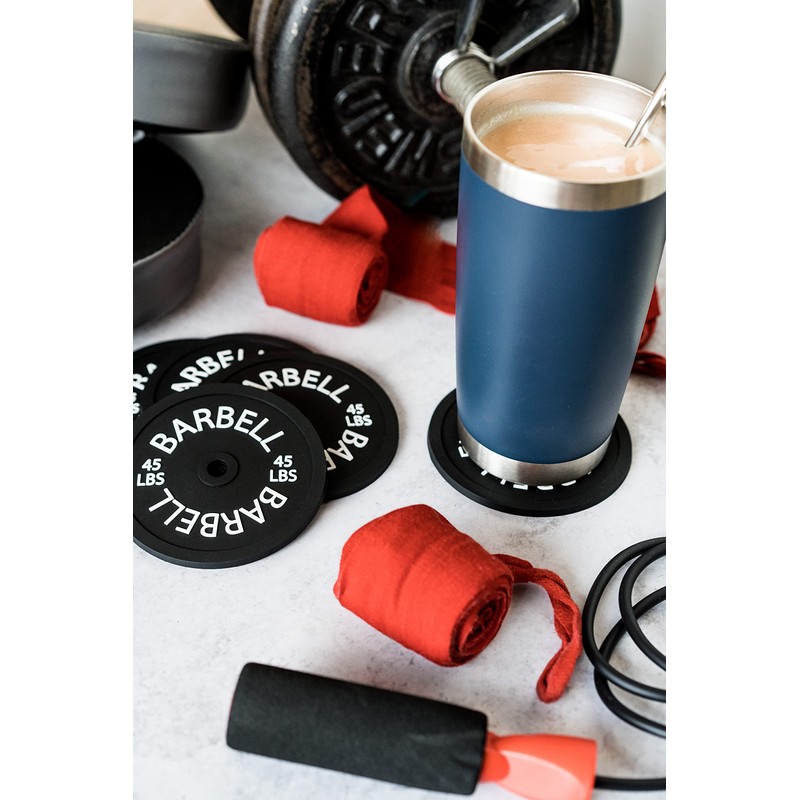 Barbell Bumper Plate Drink Coasters Set of 6, Round Black