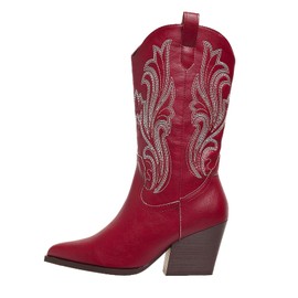 Hamesk Women Cowboy Boots Mid Calf Cowgirl Boot Western Embroidered Pointed Toe Chunky Heel Pull On Wid Calf Ladies Boots Red 10