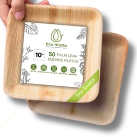 Eco Kraftz 50-Pack Square Palm Leaf Plates–Compostable & Biodegradable, Sturdy Disposable plates for Weddings, Events, Odor-Free, Microwave Safe, Alternative to Plastic Plates (10" - 50 Pc)