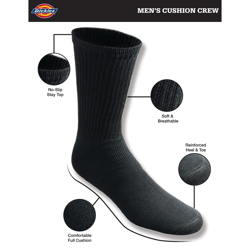 Dickies Men's 6 Pack Cushion Crew Socks, Black, 10-13 Sock/6-12