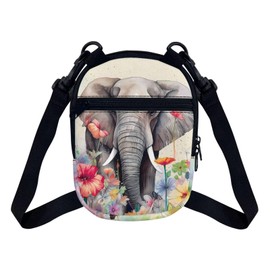 Suobstales Elephant Flower Print Messenger Bag Casual Shoulder Bag Chest Bag for Women Girls Crossbody Cell Phone Purse Holder Wallet Handbag with Zipper Closure