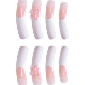 Extra Long Curved Press on Nails White French Tip Fake Nails Glossy False Nails with Bow Design White Glue on Nails Reusable Acrylic Full Cover Stick on Nails for Women DIY Manicure 20Pcs