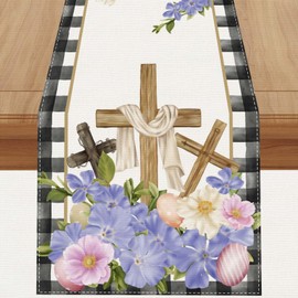 Black and White Buffalo Check Plaid He is Risen Easter Table Runner Farmhouse Religious Easter Resurrection Scene Home Kitchen Dining Room Table Decorations 13x72 Inch