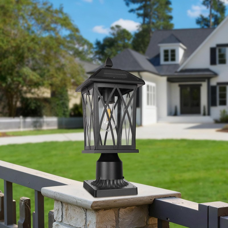 Treekee Solar Post Light Outdoor, Rustic Black Pier Mount Lantern