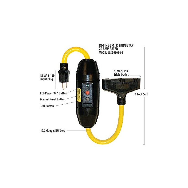 Tower Manufacturing 30396501-08 Manual-Reset 20 AMP Inline GFCI Triple Tap
