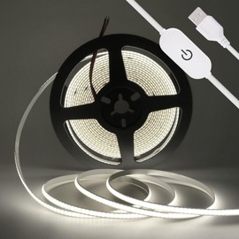 Wisada 4M LED Strip Light, 320 LEDs/m 5V IP21 LED Flexible COB Light Strip with USB Touch Dimmer Switch Power Cord, DIY Lighting Decoration for Bedroom, Kitchen, Living Room (White)