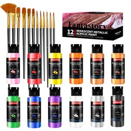 Fantastory Metallic Iridescent Acrylic Paint Set with 12 Brushes, 12 x 2oz Metallic Colors, Color-Shifting, Craft Paint Kit, Metal/Canvas/Rock/Stone/Ceramic/Model/Wood Painting [Balanced Series].