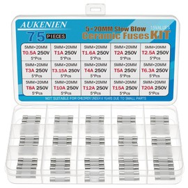 AUKENIEN 5 x 20 mm slow ceramic fuses 15 value T 0.5A 1A 1.6A 2A 2.5A 3A 3.15A 4A 5A 6.3A 8A 10A 12A 15A 20A 250V Carrying Ceramic Fuses Assortment Kit
