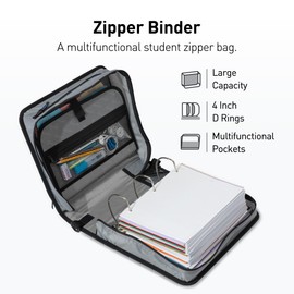 Kinbashi Zipper Binder, 1 Inch 3 Rings Binder with Internal Pockets and Dividers, 375 Sheet Capacity, Fits Standard Size File Folders, Grey