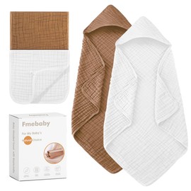 Fmebaby Hooded Baby Towels for Newborn, 2 Pack 36x36 Inch Muslin Cotton Baby Bath Towel and 12x12 Inch Washcloth Set with Hood for Babies, Toddler and Kids, Essentials Must Haves (White and Coffee)