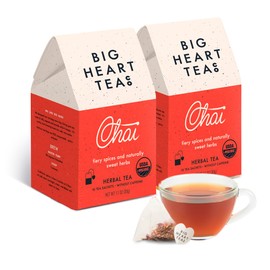 Big Heart Tea Co. Tea Bags - Fiery Masala Chai - Certified Organic, Ayurvedic Herbal Decaf Tea with Small Batch Ground Sweet Herbs and Spices including Adaptogenic Tulsi, Rooibos, Ginger, 20 Tea Bags
