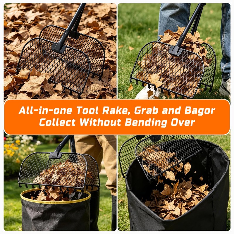 Leaf Grabber Rake, Lightweight Steel Leaf Picker Upper, Long Handle