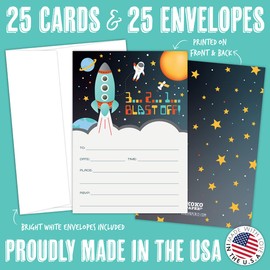 Koko Paper Co Space Party Invitations | 25 Fill-in Invitations and 25 Bright White Envelopes | Printed on Heavy Card Stock.