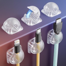 Cord Holder Organizer 6 Pack, [1-Handed-Operation] Magnetic Cable Clips, Phone Cord Clips Holder with 2 Extra Reusable Strong Adhesive for Nightstand Desk Car Workspace Office Accessories, Clear White