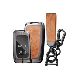 ontto Alloy Leather Car Key Fob Cover Fit for fit for Range Rover Evoque Sport Vogue Discovery 5 for Jaguar E I-PACE 2018 up Smart Key Holder case keyring Shell keychain accessories Brown