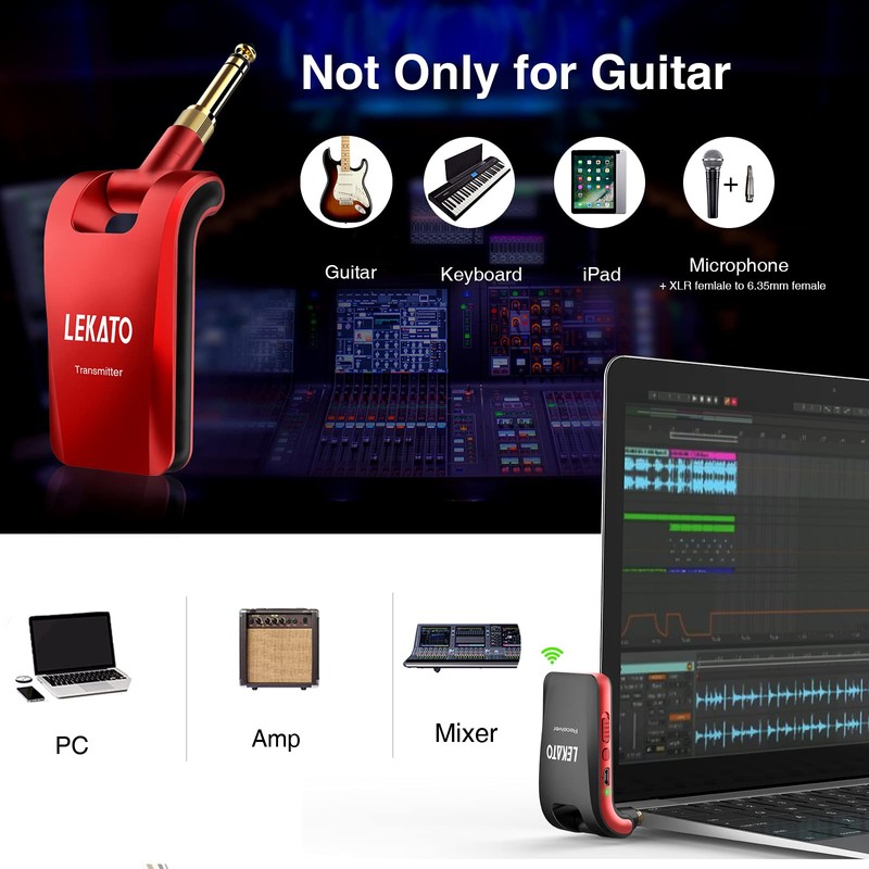 LEKATO 2.4GHz Wireless Guitar System - 6 Channels Rechargeable Wireless