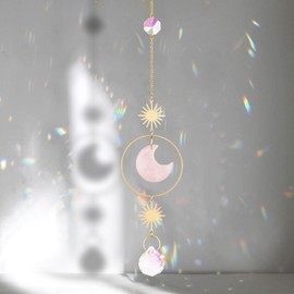 Sahoottie Rose Quartz Sun Catcher Pink Moon Crystal Sun Catcher for Window Hanging Crystal Outdoor Rainbow Maker