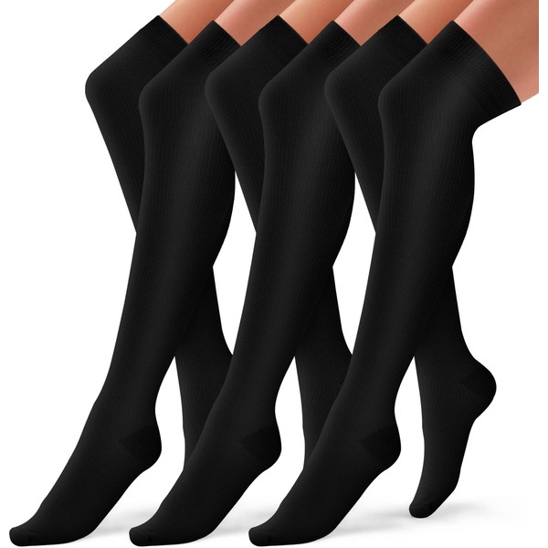 Thigh High Compression Socks for Women and Men Circulation(3 Pairs) Over the Knee-Best Support for Running,Travel (Large-X-Large, Black)
