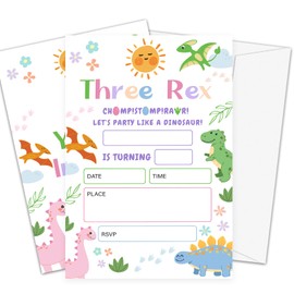 Fbitey Three Rex Birthday Invitations, 1st Dinosaur Birthday Invitation Card, 20 Greenery Safari Jungle Animals Invites with Envelopes for Party Supplies Decor-B12
