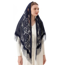 PAMOR - Bufanda de velo de la iglesia católica de triángulo, velo de la capilla, velo de Mantilla con ribete de flecos, Azul marino, L