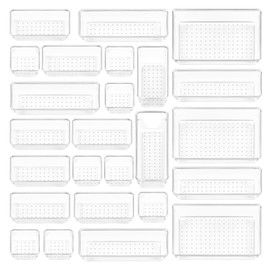 25 Piece Clear Plastic Drawer Organizers Set, 4-Size Modular Stackable Trays for Bathroom, Desk, Makeup, Jewelry, Kitchen Utensils and Home Storage,Shatter-Resistant, Anti-Slip Drawer Dividers