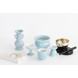 Yamako Japanese Buddhist Altar Set, Celadon, Blue Background, Pottery 5 pieces, Incense Burner Ash + 3 Orin Set, Momotaro Match, Modern Mini Buddhist Altar, Bon Festival, Higashigan, Grave Visitors