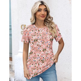 Kistore Women's Crew Neck Short Sleeve Cotton Floral Pattern Tops for Women Pleated Casual Shirts Pink White S