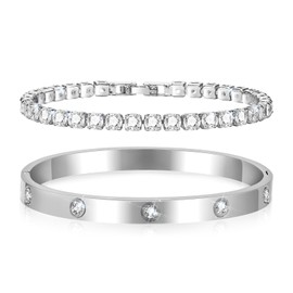 Women's Tennis Bracelet Cubic Zirconia Bangle 2 Pieces Bracelet for Women Stainless Steel 6 mm Wide 17/19 cm Bracelets Jewellery Gift Silver Gold for Mum Friend Daughter, Stainless Steel