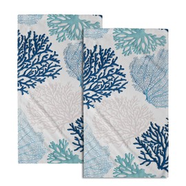 Juego de 2 toallas de mano de coral azul, náutico, color verde azulado, con punta de los dedos, toalla de cara costera, toalla de océano, para cabina de campo, baño