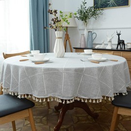 Heavy Weight Cotton Linen Tablecloth, Plaid Tassel Round Table Cover for Kitchen Dining Room Tabletop Decorations, Round - 78", Grey