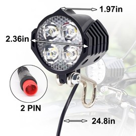 Ebike Headlight 48V 36V, 12V-60V Compatible, 2 Pin Waterproof Connector / 3 Pin SM Connector Electric Bike Front Light (2 Pin Waterproof Connector)