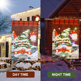 Alupssuc Lighted Christmas Garden Flag for Outside, Led Christmas Tree and Car Garden Flag, Winter Yard Flag 18x12 Inch Double Sided for Outdoor Yard Porch Lawn Decoration, Colorful Light Xmas decor Red