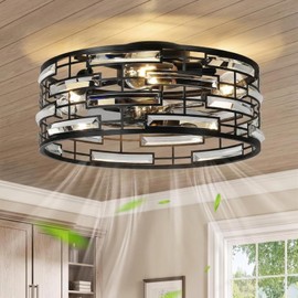 Linour Crystal Caged Ceiling Fan with Light, 18.9'' Flush Mount Low Profile Fandelier, Black Industrial Farmhouse, Remote Control with 6 Speeds & Timer, Quiet for Bedroom Kitchen Living Room Dining