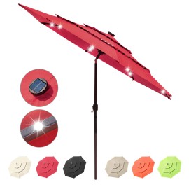 11ft 3-Tier Red Iron Patio Umbrella with 40LEDs Solar Powered Outdoor Lighting for Garden Deck Pool Area Outdoor FurnitureWarehouse: LA01