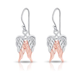 DTPsilver® 925 Sterling Silver Rose Gold Plated Angel Wings Hook Dangle Earrings - Two-Tone - Dimensions: 11 x 30 mm