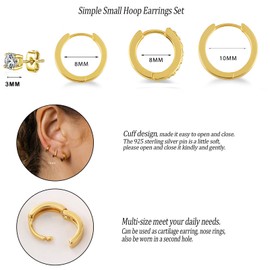 3 Pairs Sterling Silver Hoop Earrings for Women S925 Huggie Hoop Earrings With Cubic Zirconia Small Cartilage Sleepers Huggie Hinged Earrings Set