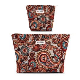 BOCGRPU 2 PCS Makeup Bag Set，Portable Small Cosmetic Bag for Purse ，Large Storage Capacity Toiletry Bag Organizer，Travel Pouch with Zipper for Women, (Vintage Cashew)