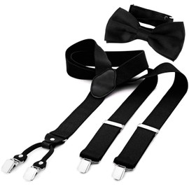 DonDon Men's 3.5 cm Wide Trouser Braces In Y-Shape, Elastic and Adjustable 2-Piece Set with Matching-Colour Bow-Tie 12 x 6 cm - Black