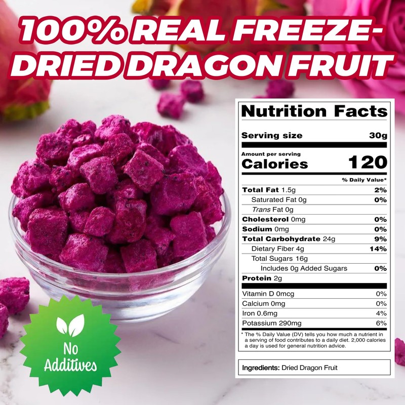 6oz Freeze Dried Dragon Fruit Pieces,170g Dragon Fruit Chunks for