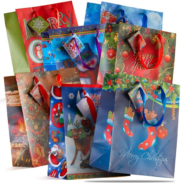 Prextex 12 Assorted 13 Inch Christmas Themed Gift Bags Large size Assorted Bright Prints