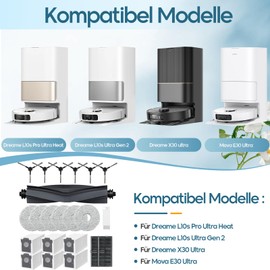Kaiyaner Kaiyaner 22 St1ck Zubeh?r f1r Dreame L10s Ultra Gen 2/L10s Pro Ultra Heat/X30 Ultra/Mova E30 Ultra Saugroboter mit 1 Hauptb1rste, 6 Staubbeutel, 6 Wischt1cher, 6 Seitenb1rsten, 2 HEPA Filter