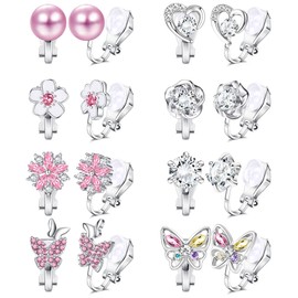 YADOCA 8 Pairs of Clip Earrings for Women Girls Clip Earrings Pink Purple Heart Pearl Flowers Butterfly Earring Hypoallergenic Ear Clips Women Without Pierced Earrings for Children Girls, Rubber