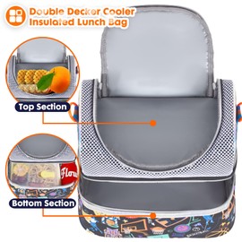 YOYTOO Kids Double Decker Cooler Insulated Lunch Bag, Back to School Large Meal Tote for Boys, Girls, Men, Women, with Adjustable Strap, Basketball